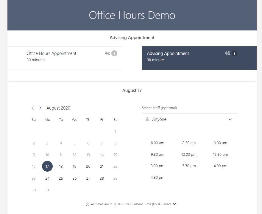 screenshot of Office Hours Microsoft Bookings page