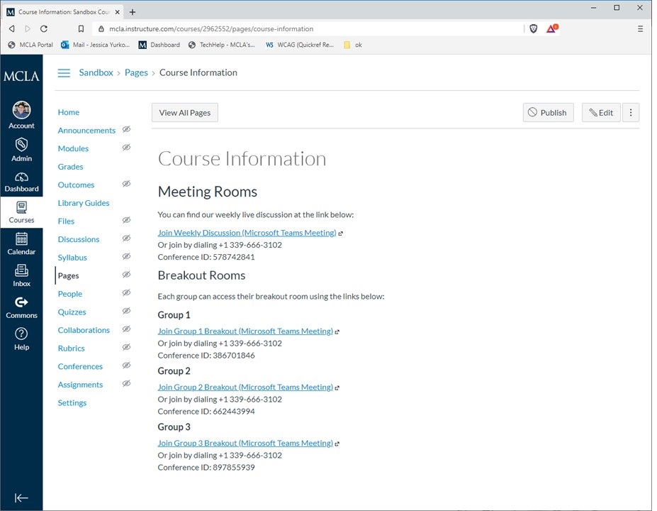 Canvas page with one main meeting room Teams link and three Breakout Room Teams links labeled 'Group 1,' 'Group 2,' and 'Group 3.'