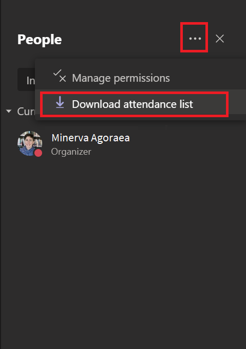 Teams Show Participants sidebar with Download Attendance List highlighted in dropdown menu.