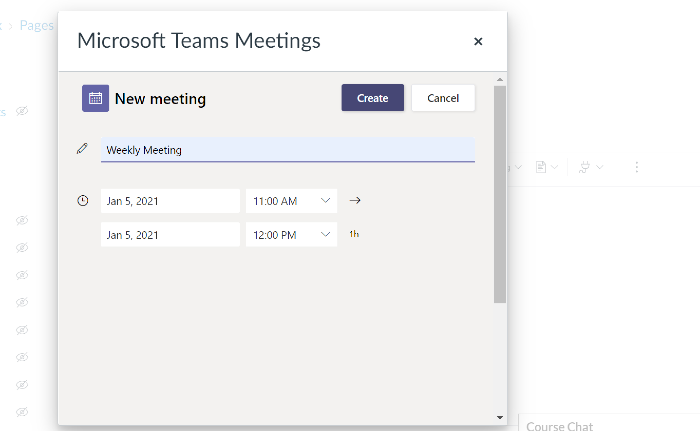 Canvas pop up window with Microsoft Teams new meeting options.
