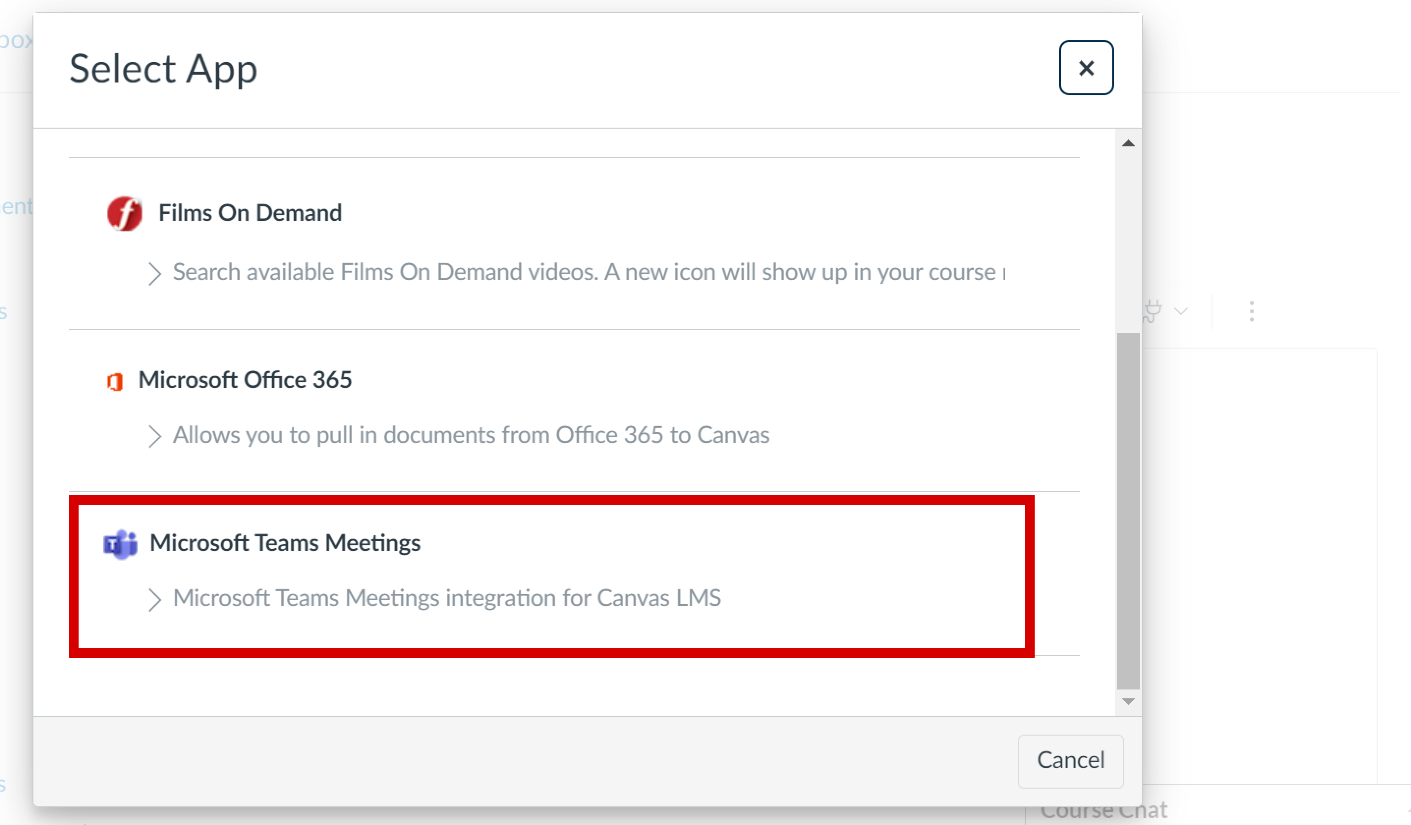 pop up window with Microsoft Teams Meetings selected.