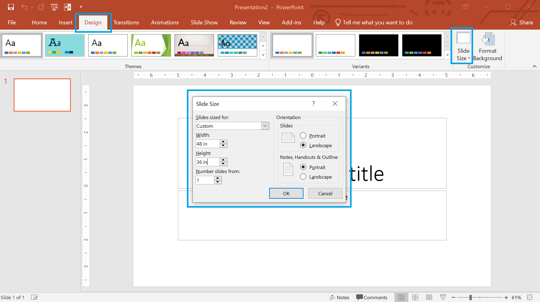 Screenshot of PowerPoint Slide Size pop up window